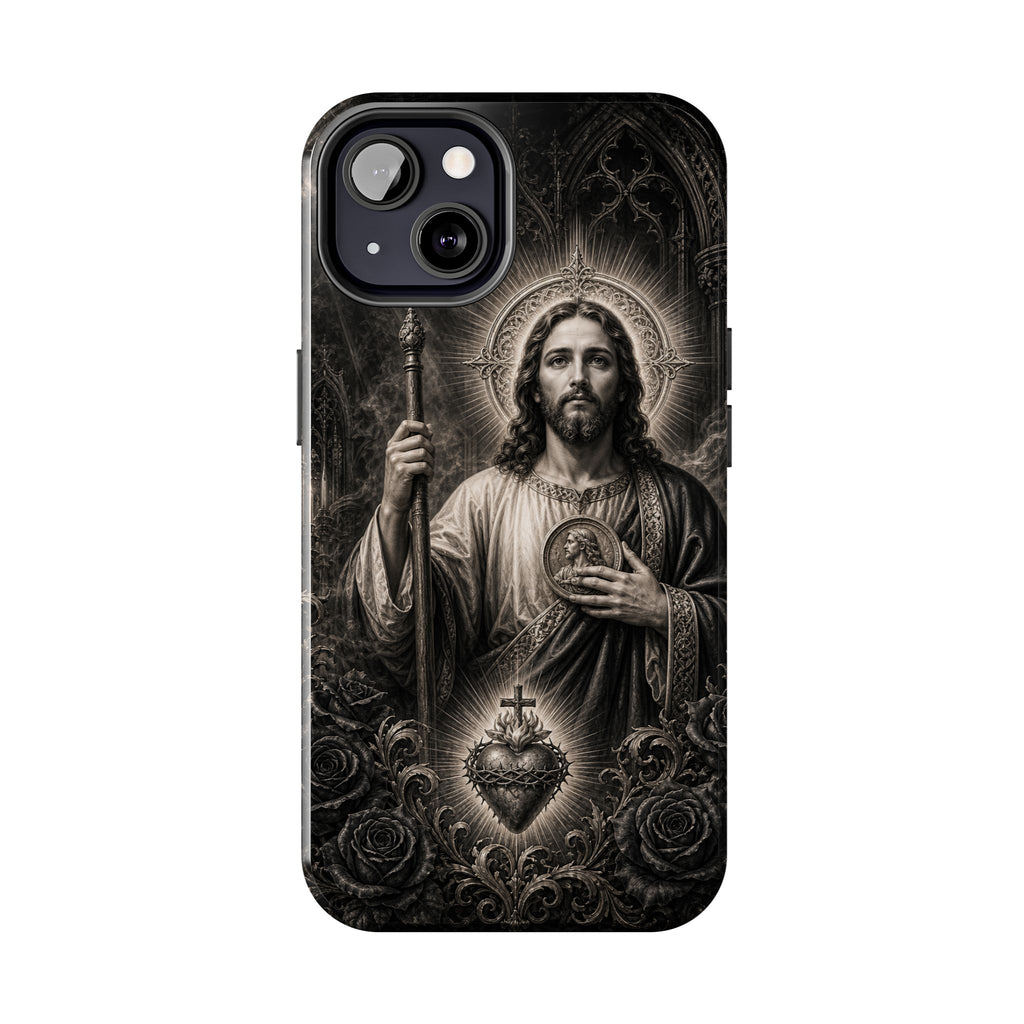 San Judas phone case with black and grey Gothic cathedral artwork, detail view 11