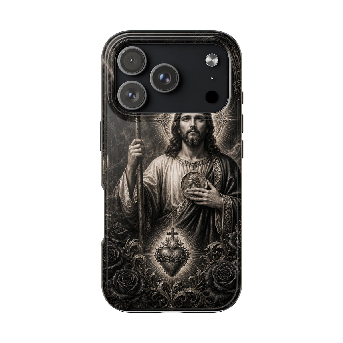 iPhone 17 Pro San Judas phone case with black and grey Gothic cathedral artwork