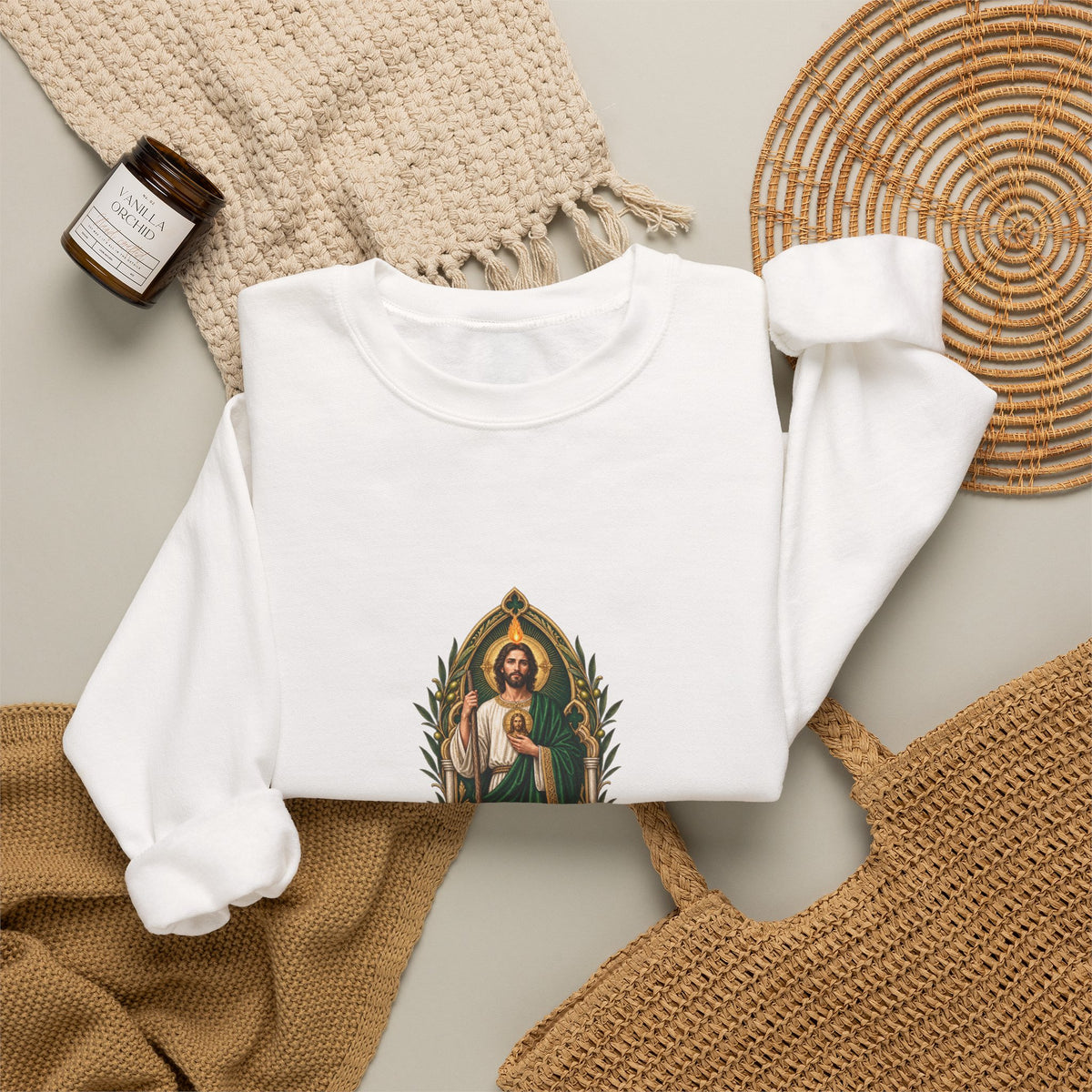 San Judas Tadeo Olive Reliquary Crewneck Sweatshirt