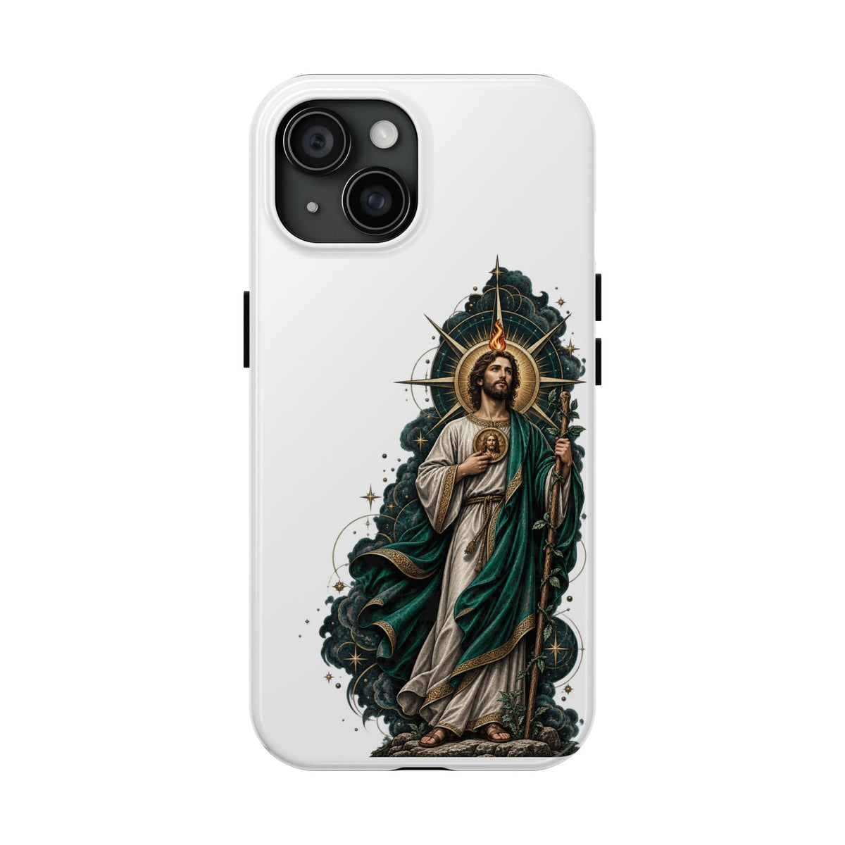 iPhone 15 San Judas phone case with midnight blue compass artwork