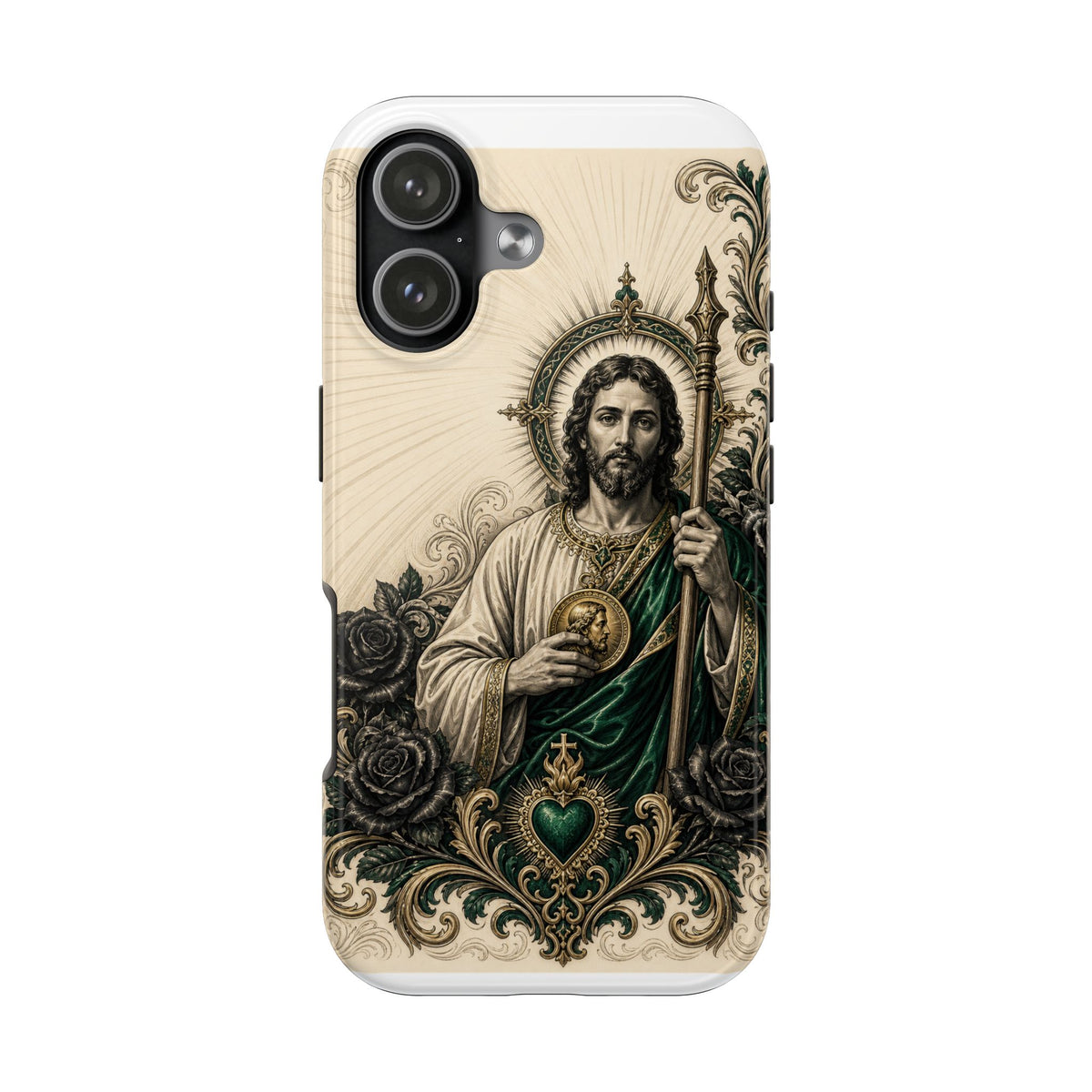 iPhone 17 San Judas phone case with emerald and gold Sacred Heart artwork