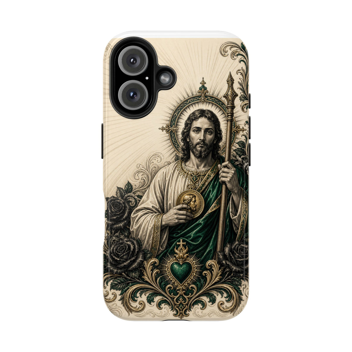 iPhone 16 San Judas phone case with emerald and gold Sacred Heart artwork