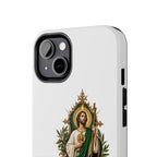 San Judas phone case with olive and antique gold reliquary artwork, detail view 13