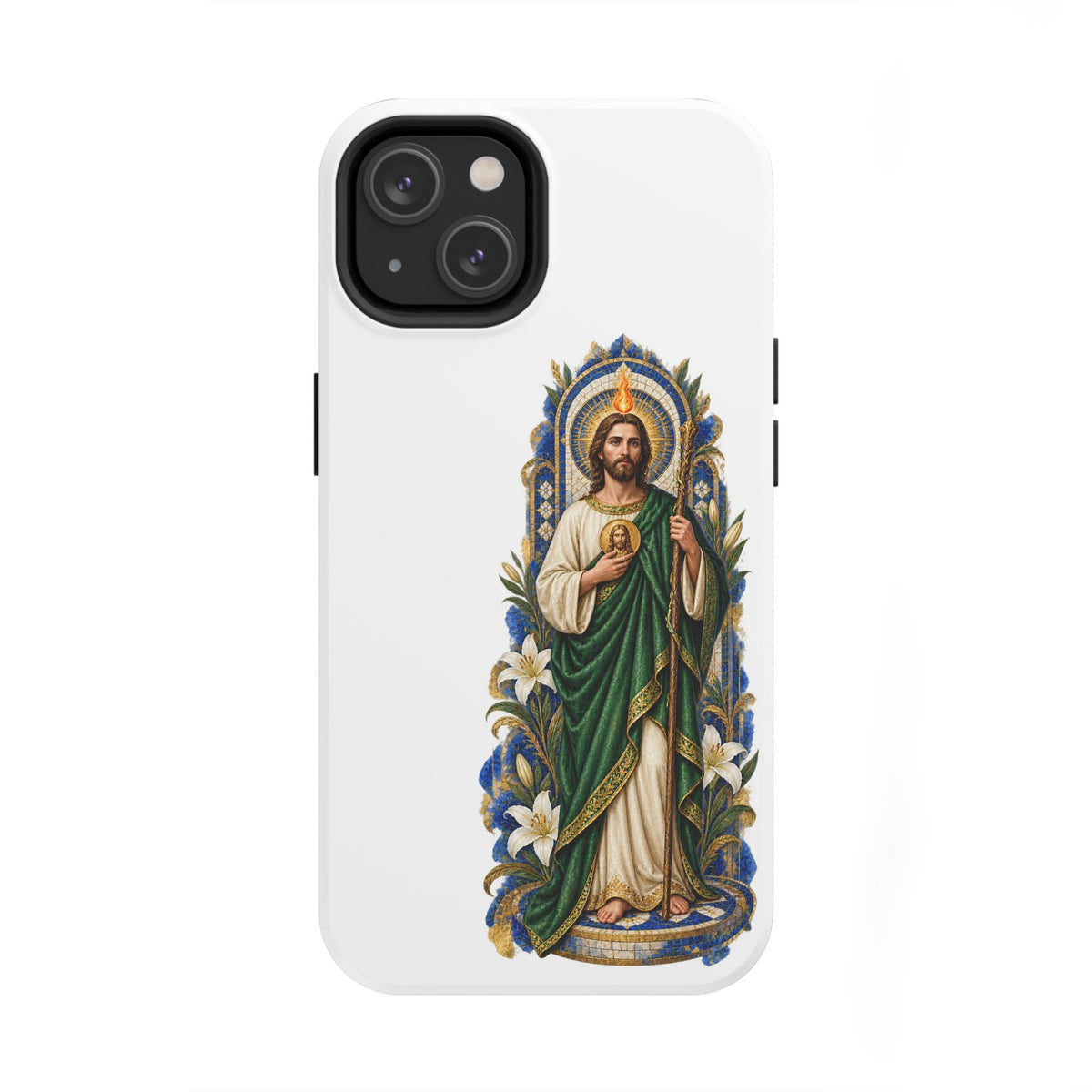 iPhone 14 San Judas phone case with cobalt chapel mosaic artwork