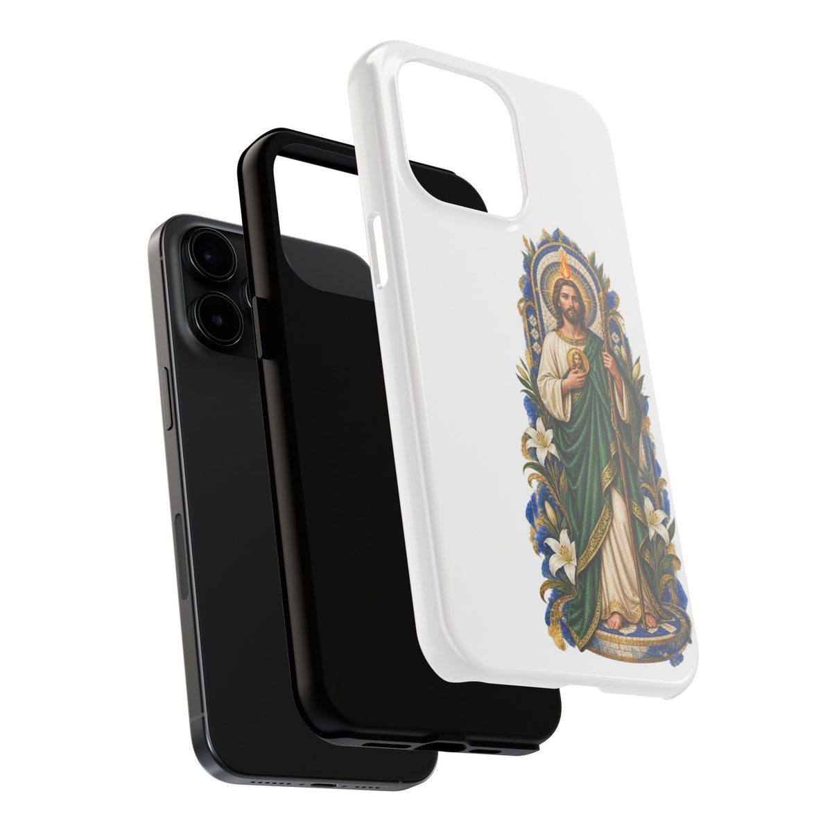San Judas phone case with cobalt chapel mosaic artwork, detail view 21