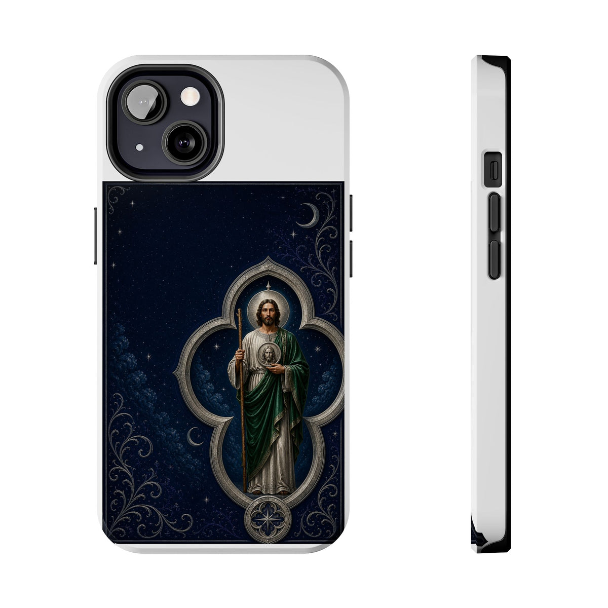 iPhone 13 San Judas phone case with silver moon quatrefoil artwork