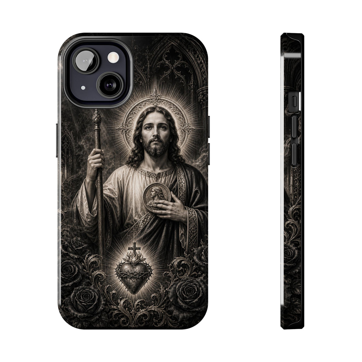 iPhone 13 San Judas phone case with black and grey Gothic cathedral artwork