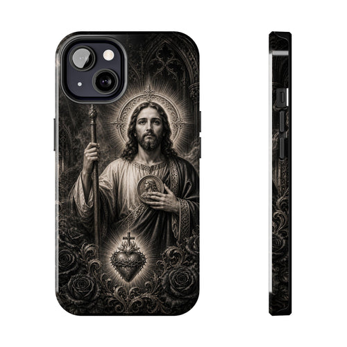 iPhone 13 San Judas phone case with black and grey Gothic cathedral artwork