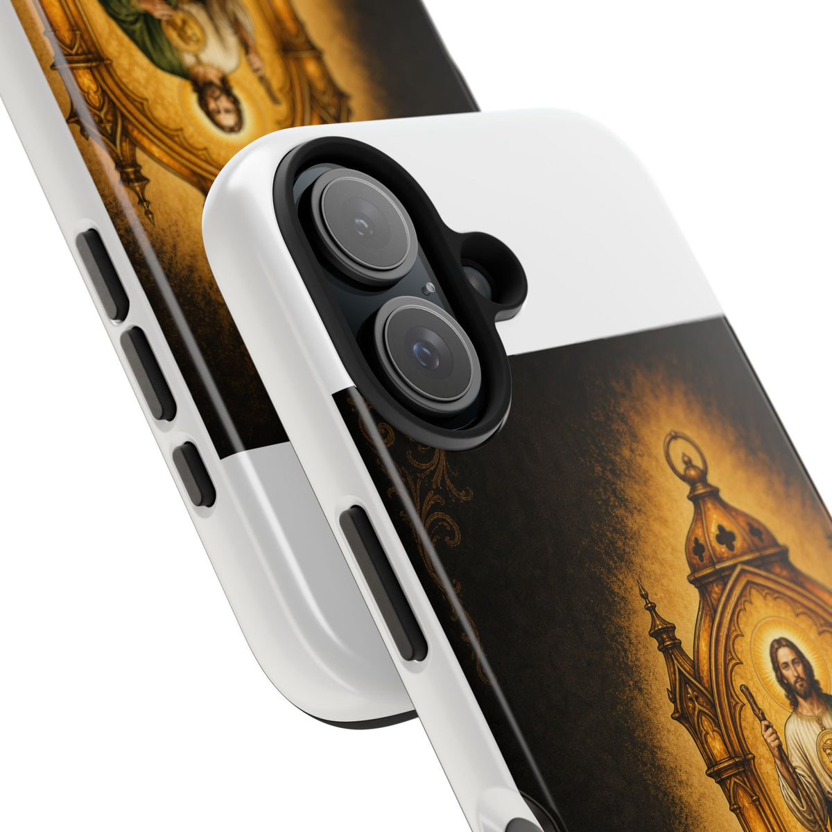 San Judas phone case with amber pilgrim lantern artwork, detail view 26