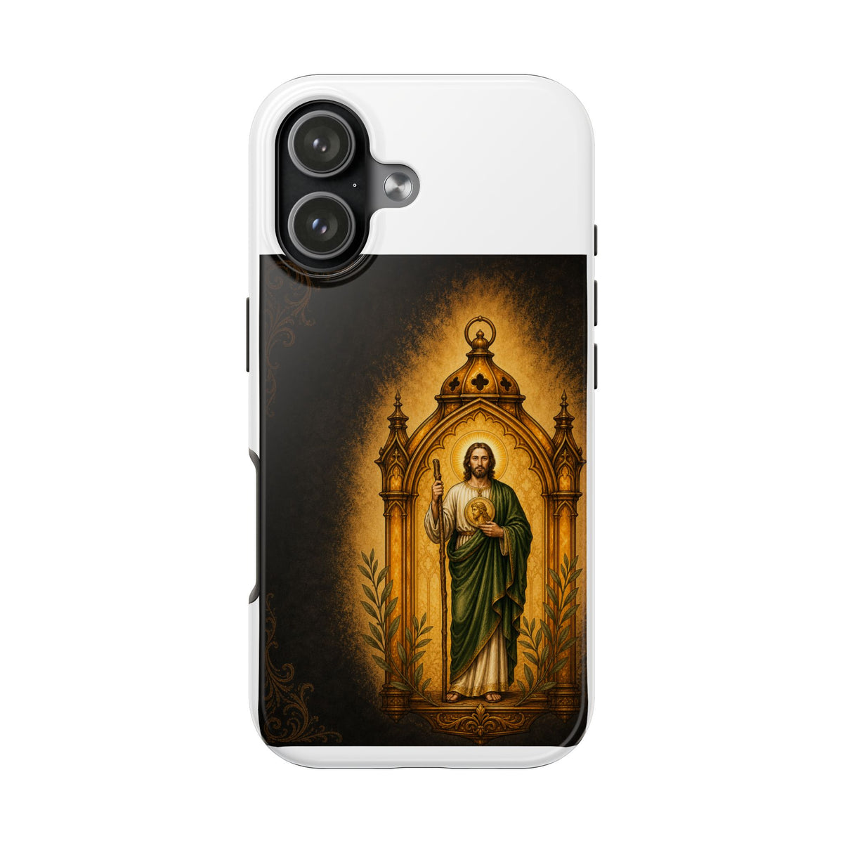iPhone 17 San Judas phone case with amber pilgrim lantern artwork