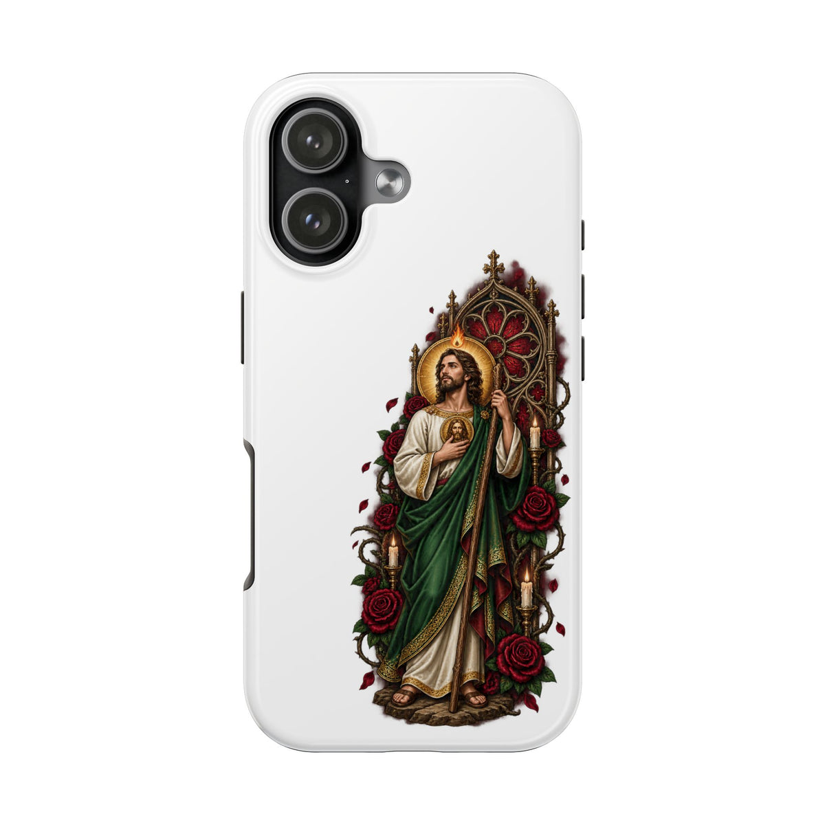 iPhone 17 San Judas phone case with crimson rose window artwork