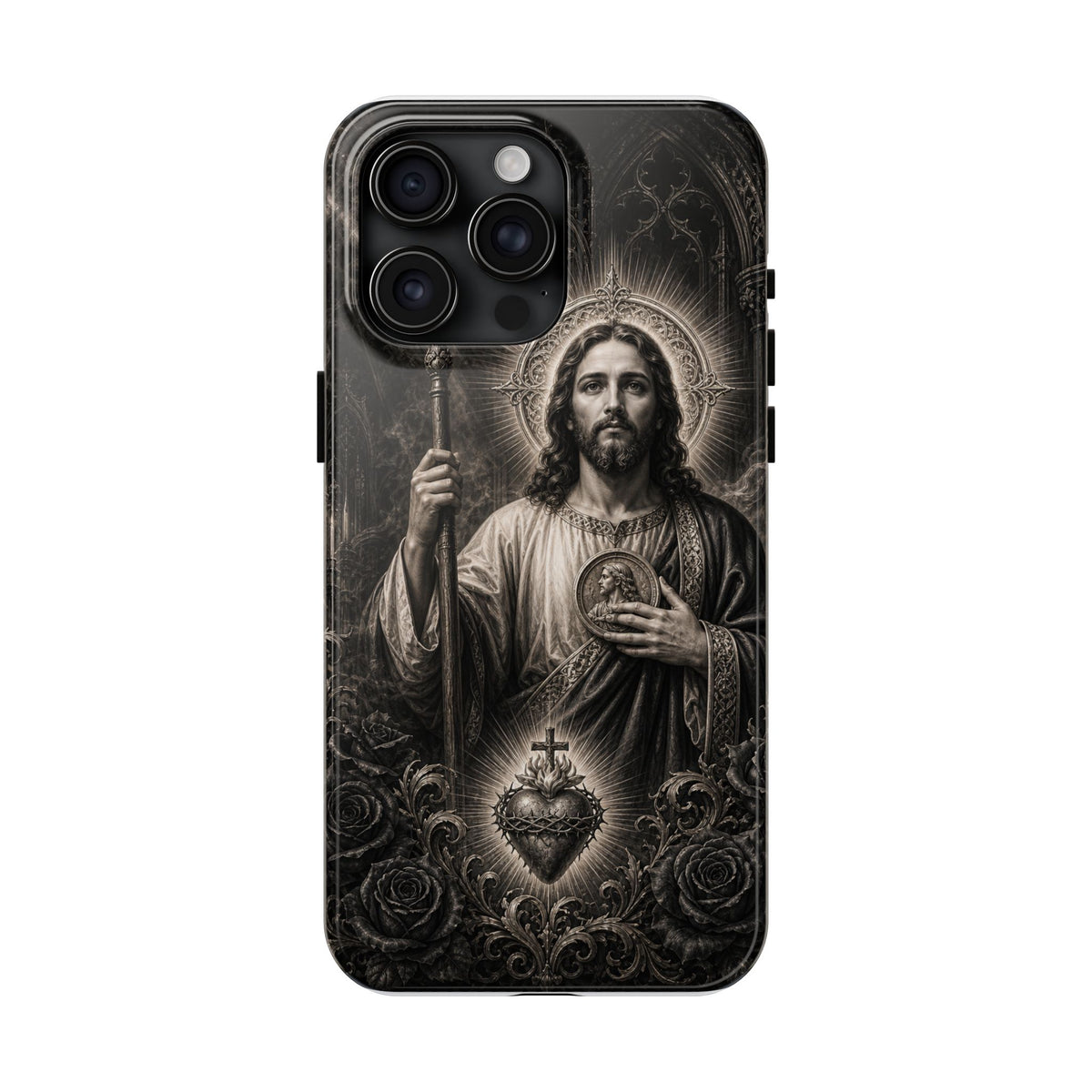 iPhone 15 Pro Max San Judas phone case with black and grey Gothic cathedral artwork