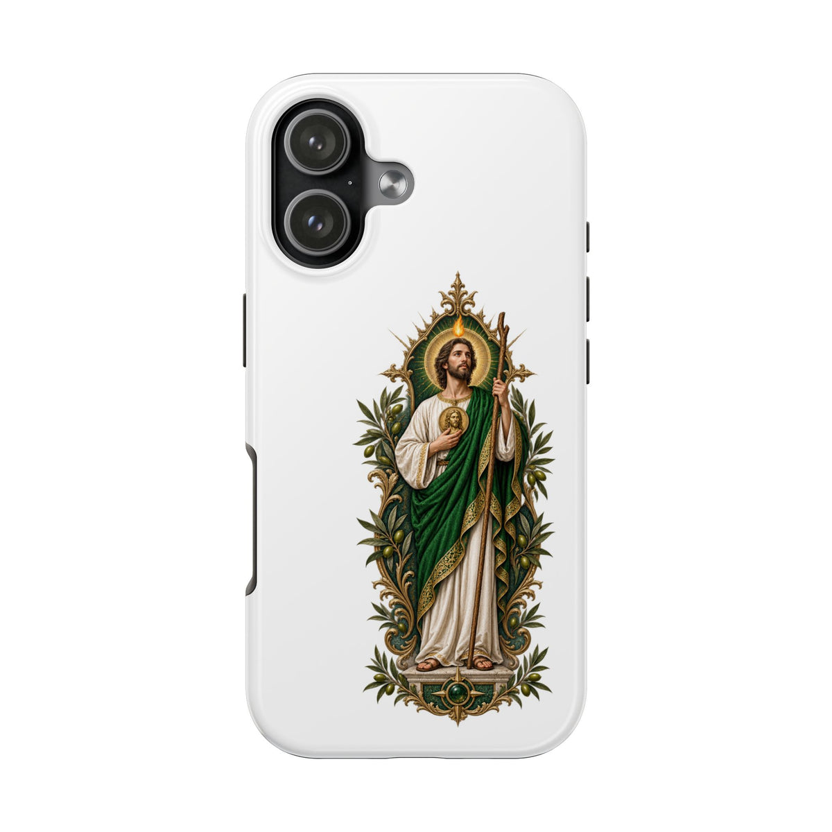 iPhone 17 San Judas phone case with olive and antique gold reliquary artwork