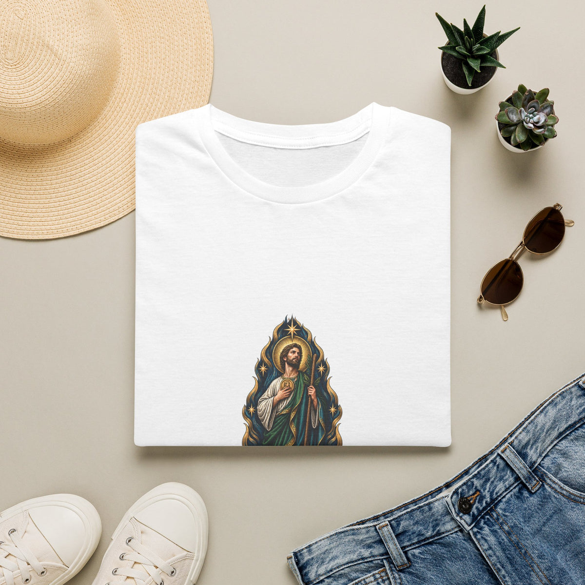 San Judas Tadeo T-shirt with indigo torch flames and antique-gold stars