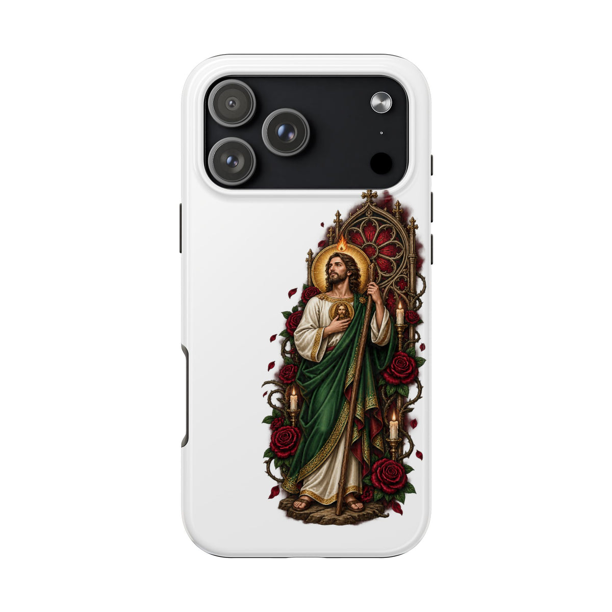 iPhone 17 Pro Max San Judas phone case with crimson rose window artwork