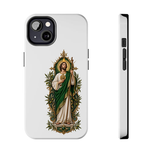 iPhone 13 San Judas phone case with olive and antique gold reliquary artwork