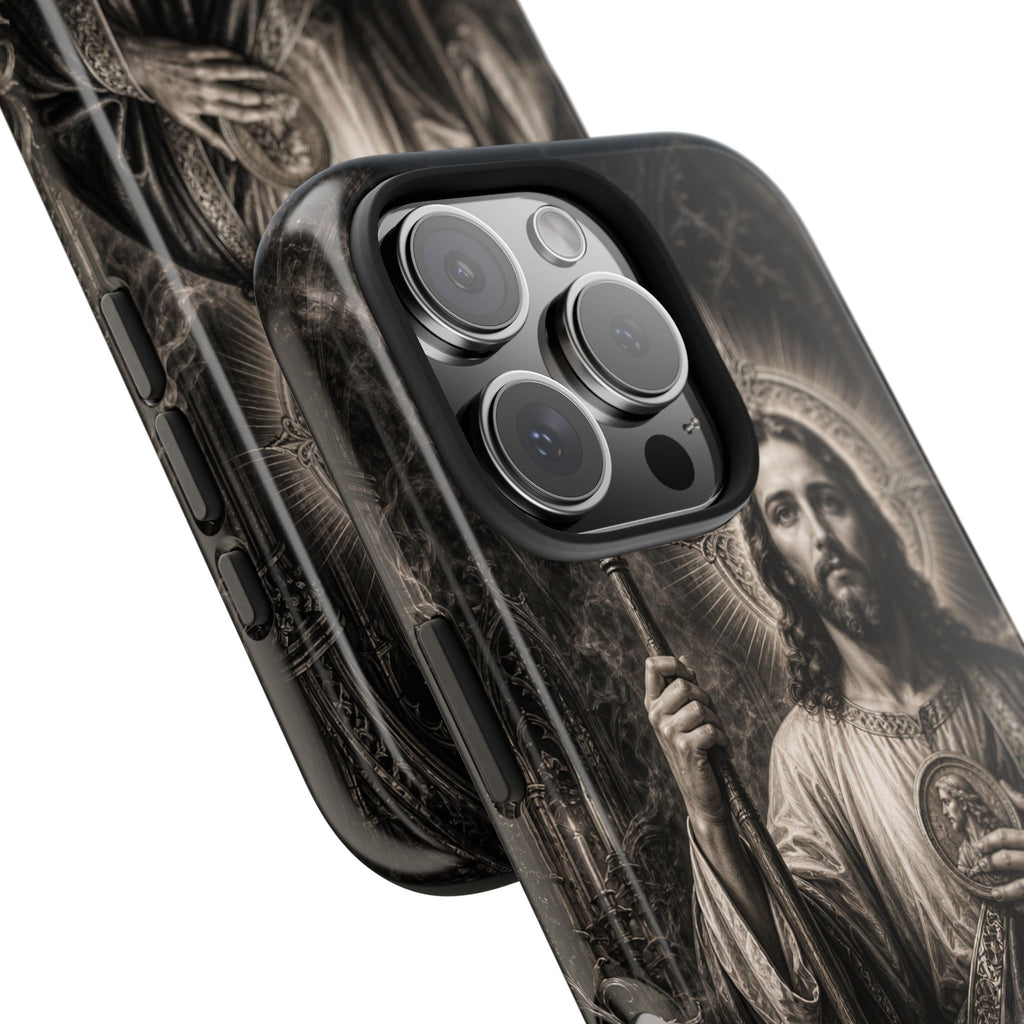 San Judas phone case with black and grey Gothic cathedral artwork, detail view 22