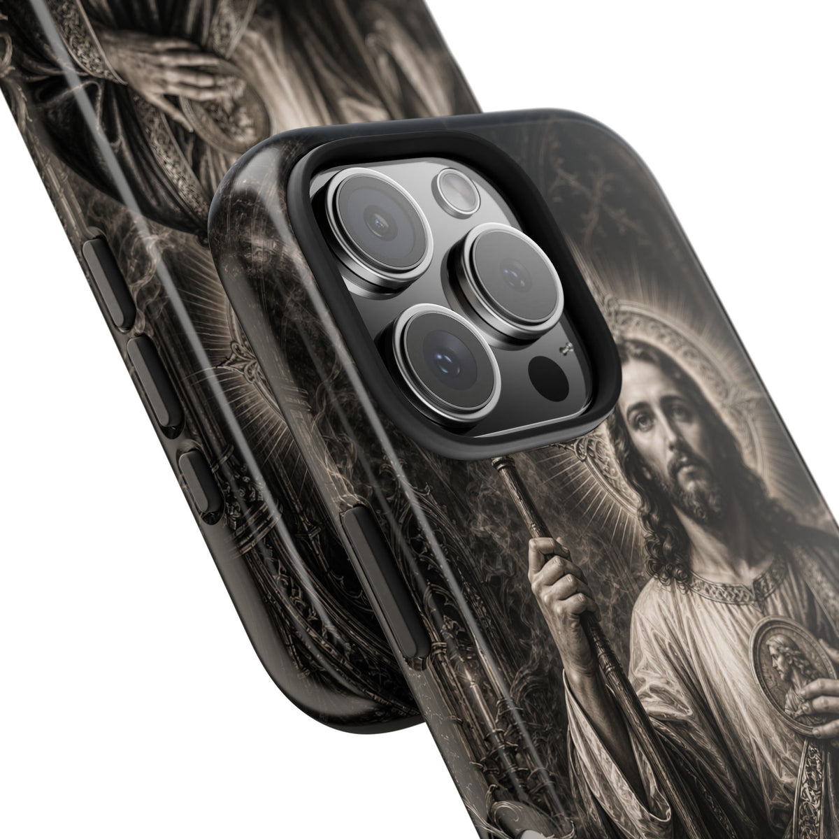 San Judas phone case with black and grey Gothic cathedral artwork, detail view 22