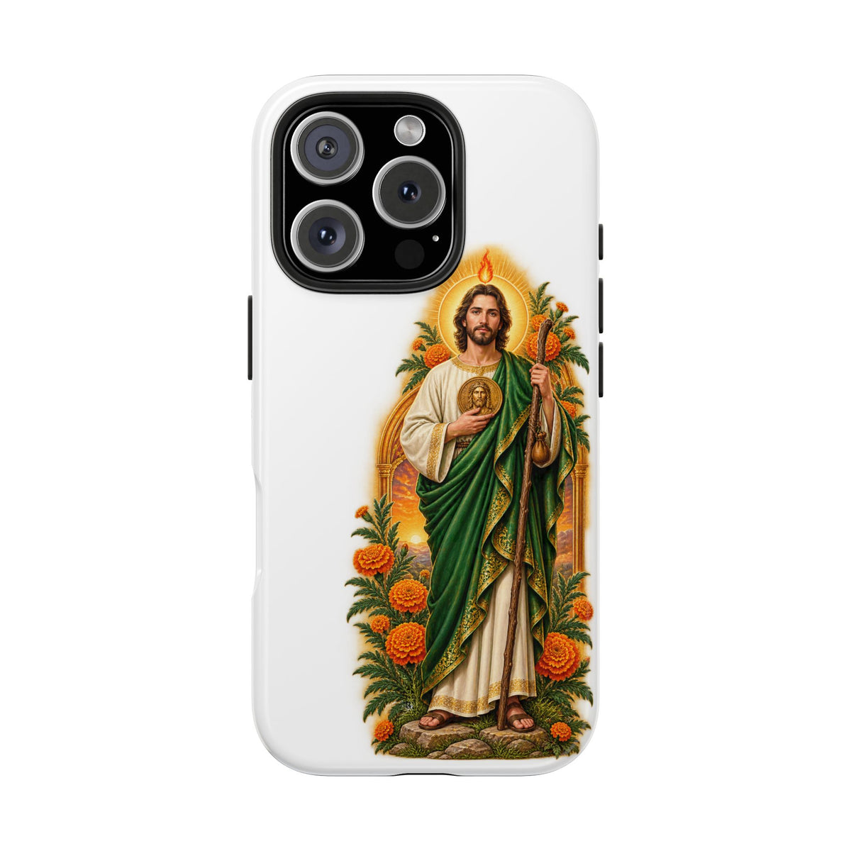 iPhone 16 Pro San Judas phone case with marigold sun arch artwork