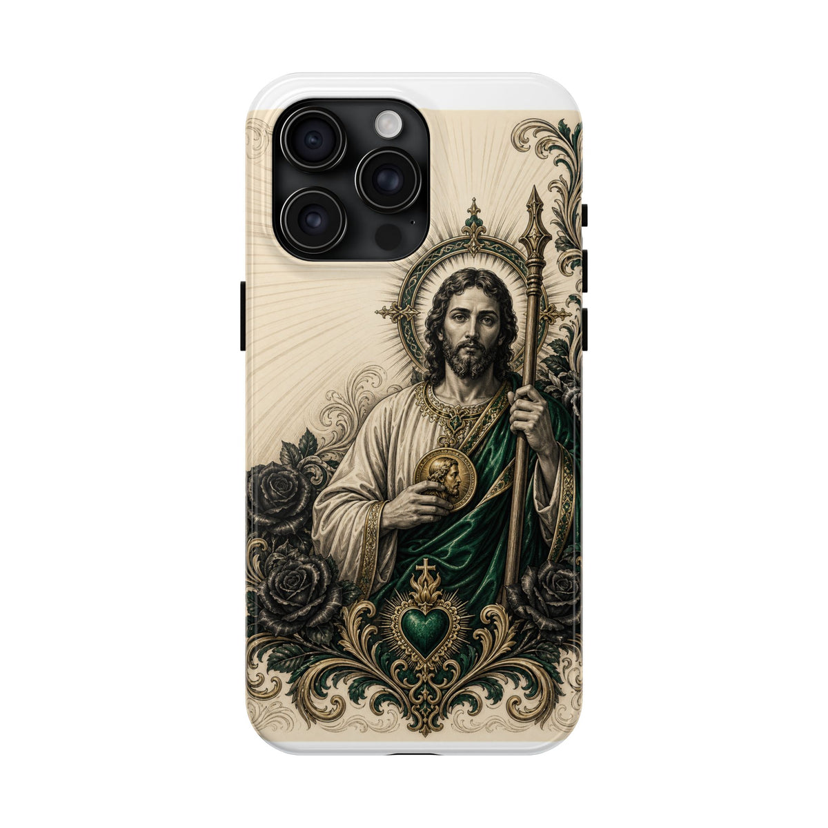iPhone 15 Pro Max San Judas phone case with emerald and gold Sacred Heart artwork