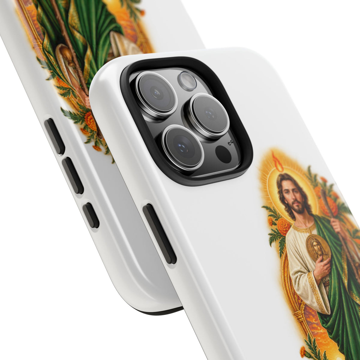 San Judas phone case with marigold sun arch artwork, detail view 24
