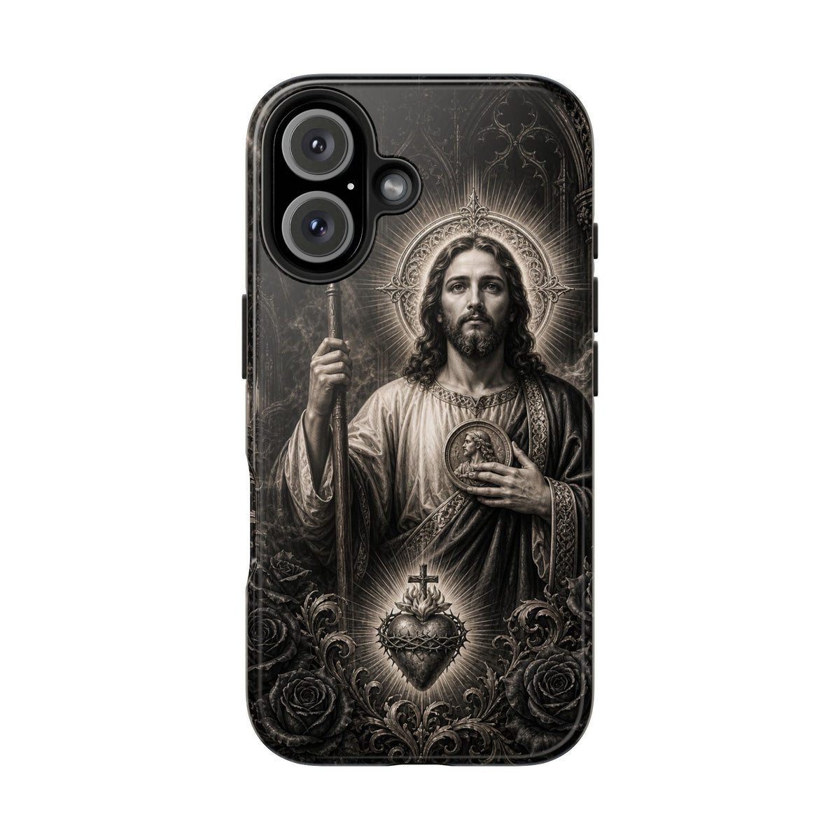 iPhone 16 San Judas phone case with black and grey Gothic cathedral artwork