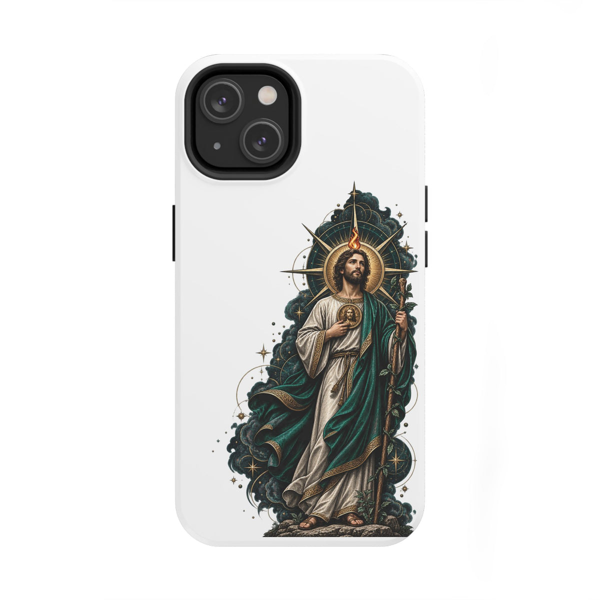 iPhone 14 San Judas phone case with midnight blue compass artwork