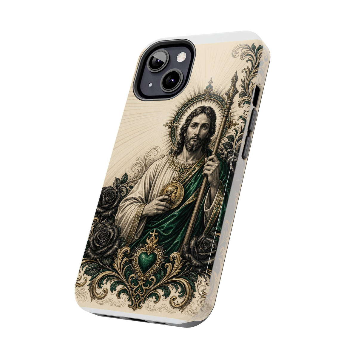 San Judas phone case with emerald and gold Sacred Heart artwork, detail view 12