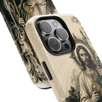 San Judas phone case with emerald and gold Sacred Heart artwork, detail view 22
