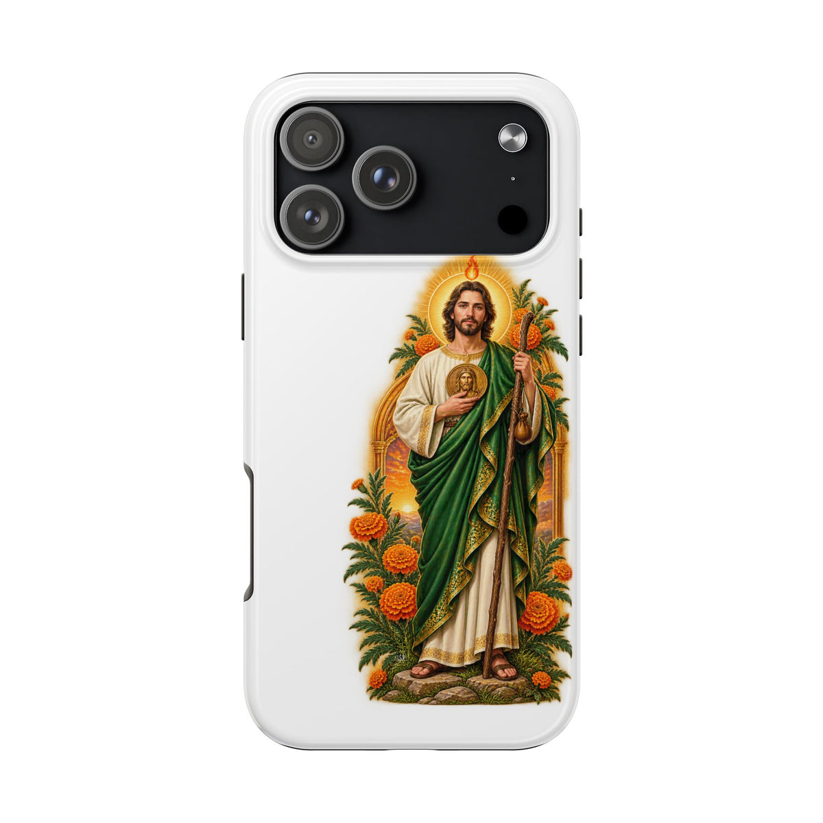 iPhone 17 Pro Max San Judas phone case with marigold sun arch artwork