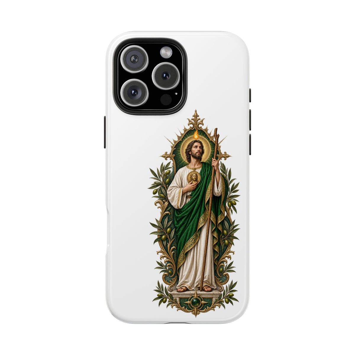 iPhone 16 Pro Max San Judas phone case with olive and antique gold reliquary artwork