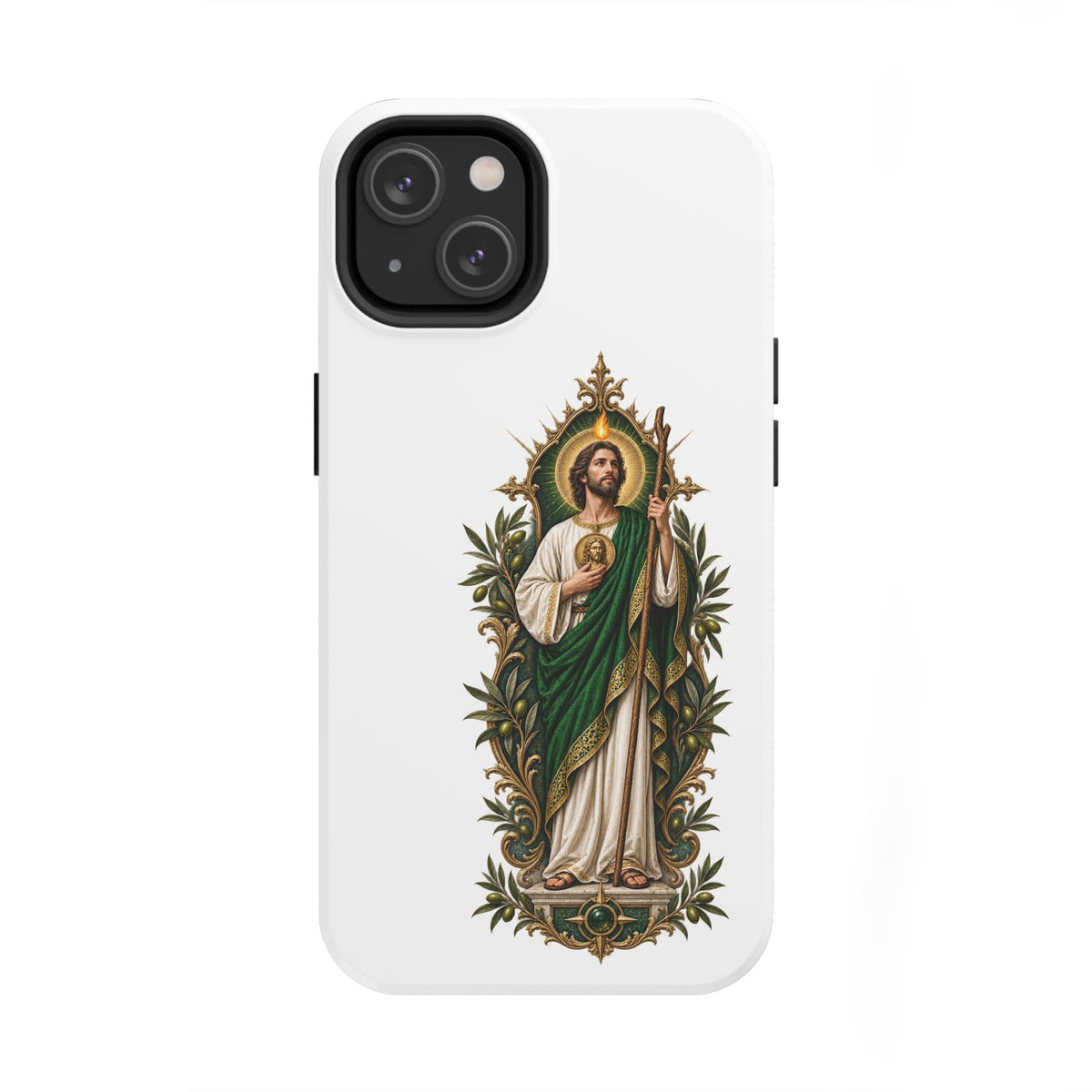 iPhone 14 San Judas phone case with olive and antique gold reliquary artwork