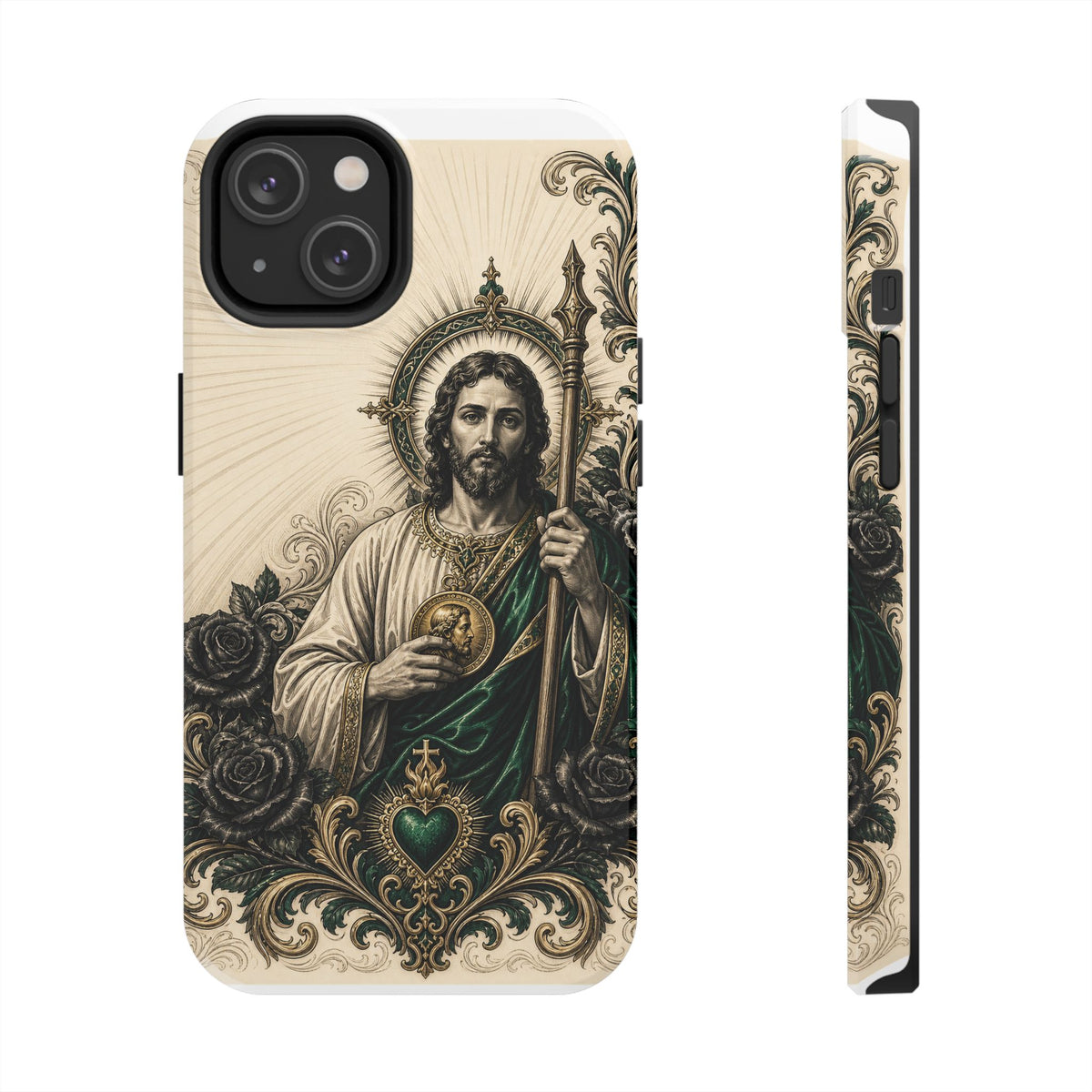 San Judas phone case with emerald and gold Sacred Heart artwork, detail view 14
