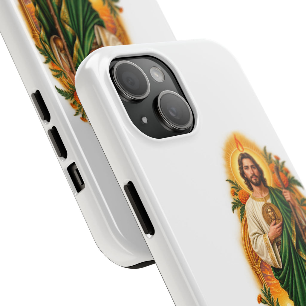San Judas phone case with marigold sun arch artwork, detail view 16