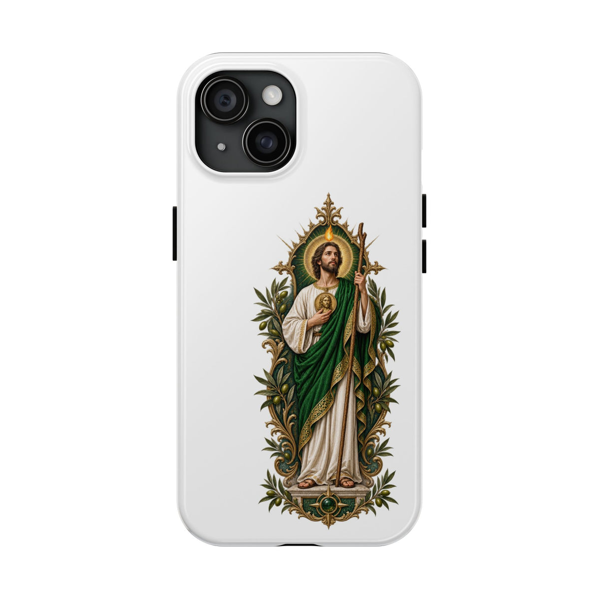 iPhone 15 San Judas phone case with olive and antique gold reliquary artwork