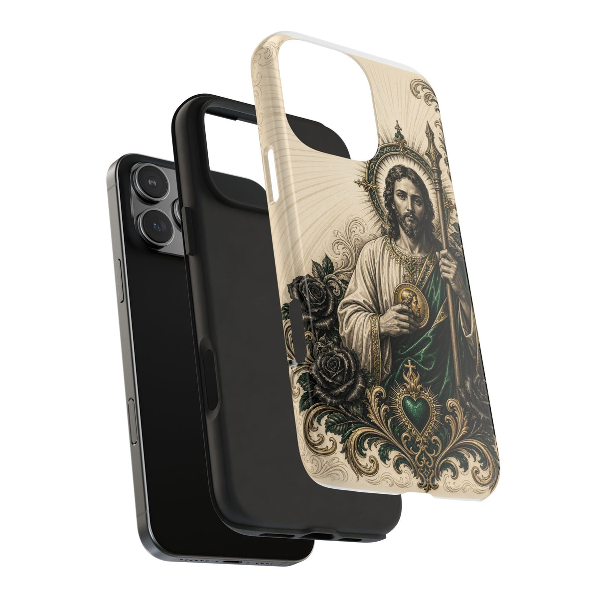 San Judas phone case with emerald and gold Sacred Heart artwork, detail view 25