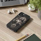 San Judas phone case with black and grey Gothic cathedral artwork, detail view 15