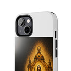 San Judas phone case with amber pilgrim lantern artwork, detail view 13