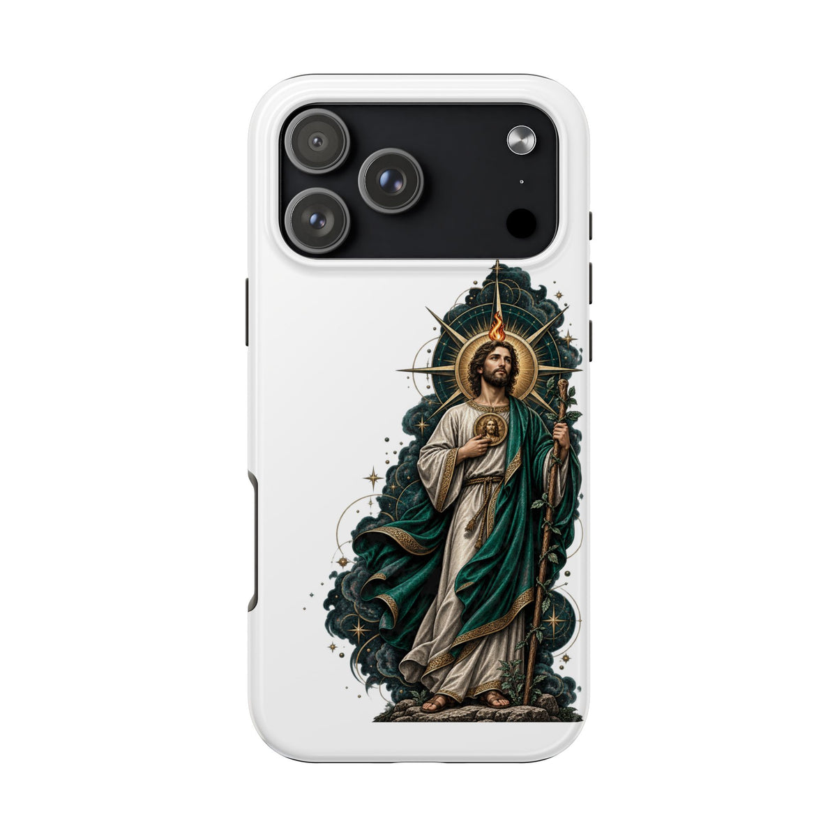 iPhone 17 Pro Max San Judas phone case with midnight blue compass artwork