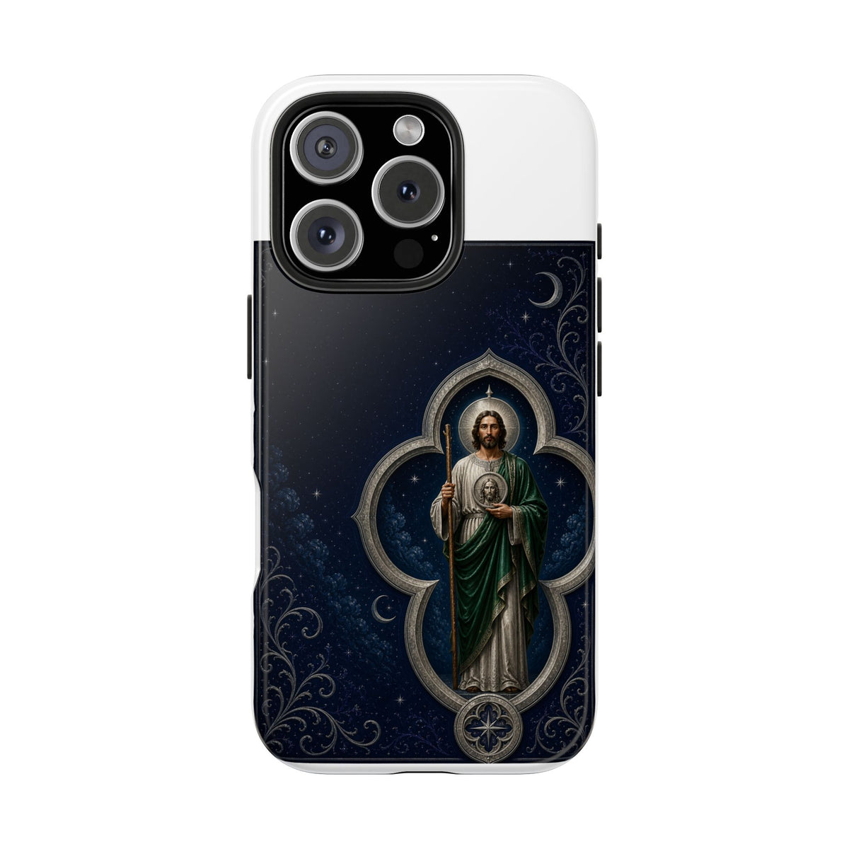 iPhone 16 Pro San Judas phone case with silver moon quatrefoil artwork