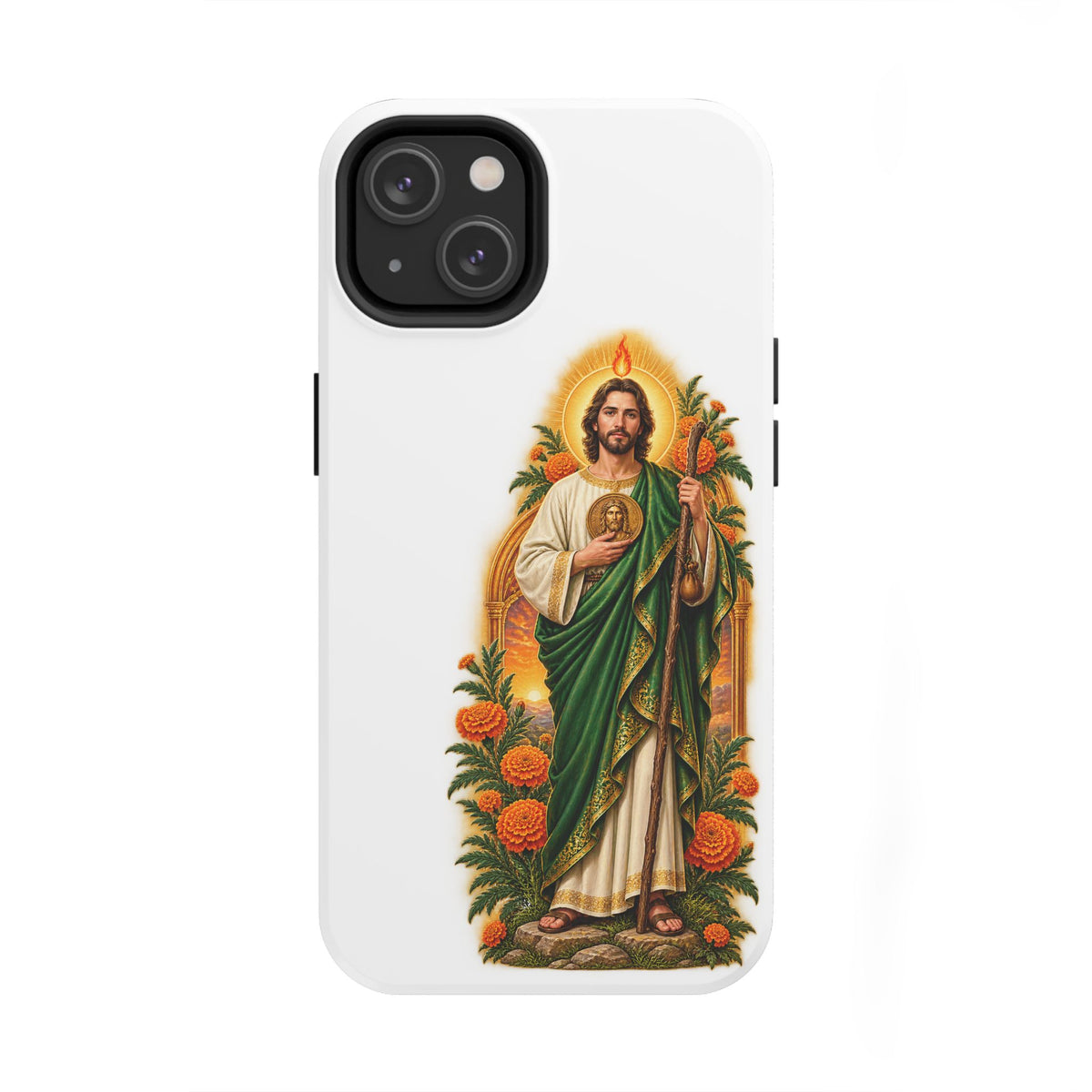 iPhone 14 San Judas phone case with marigold sun arch artwork
