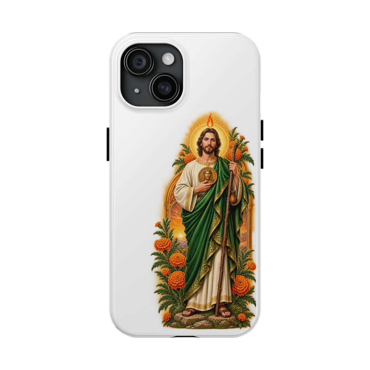 iPhone 15 San Judas phone case with marigold sun arch artwork