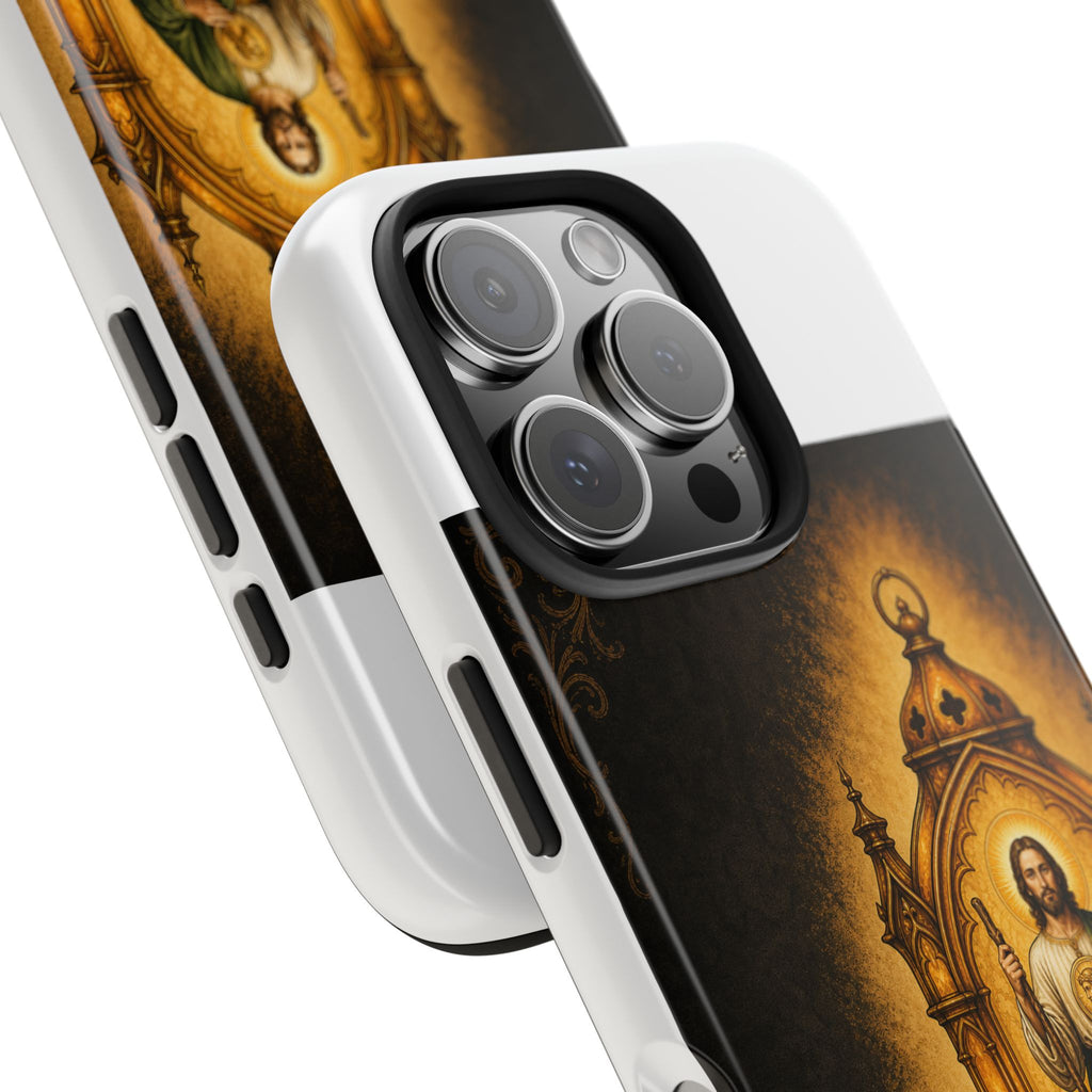 San Judas phone case with amber pilgrim lantern artwork, detail view 22