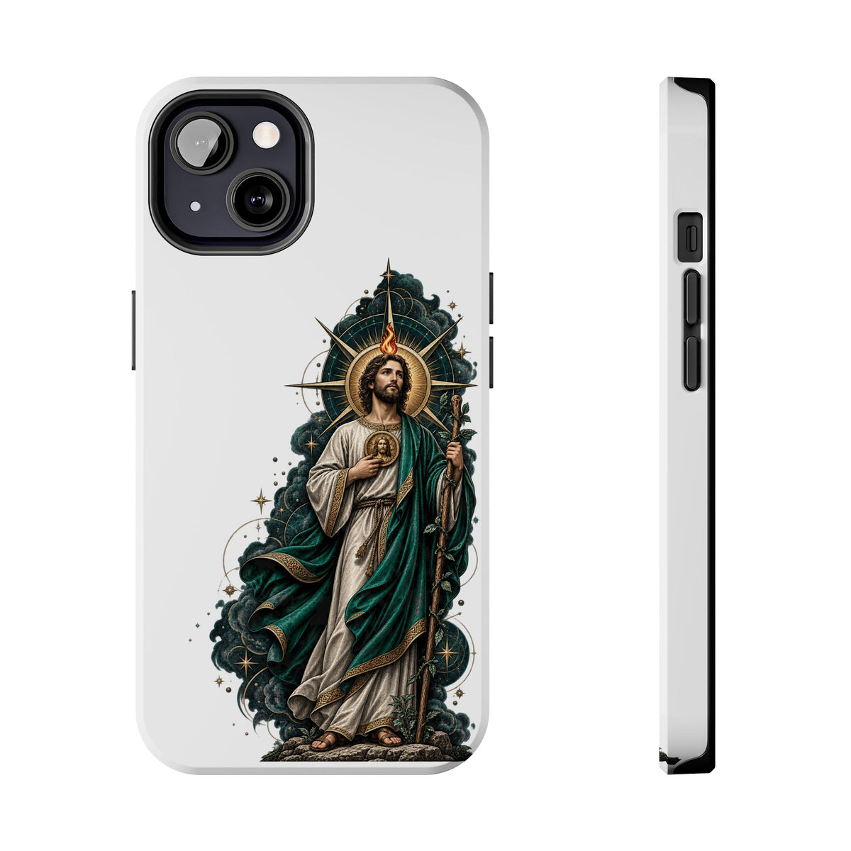 iPhone 13 San Judas phone case with midnight blue compass artwork