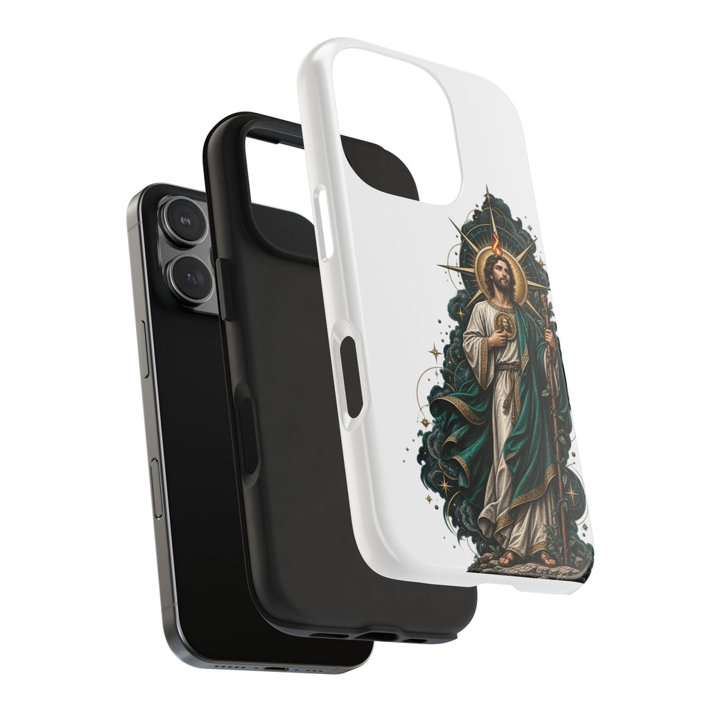 San Judas phone case with midnight blue compass artwork, detail view 23