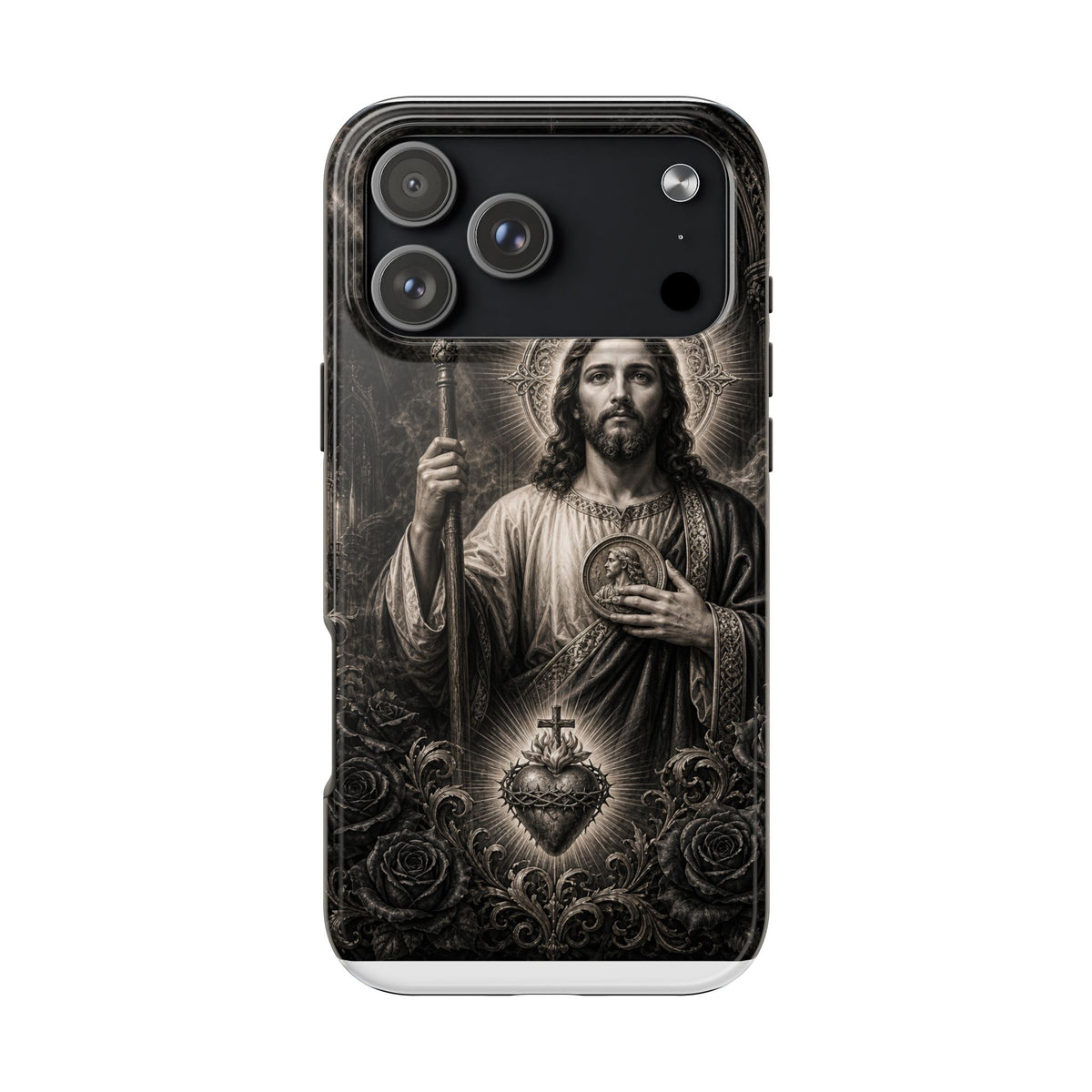iPhone 17 Pro Max San Judas phone case with black and grey Gothic cathedral artwork