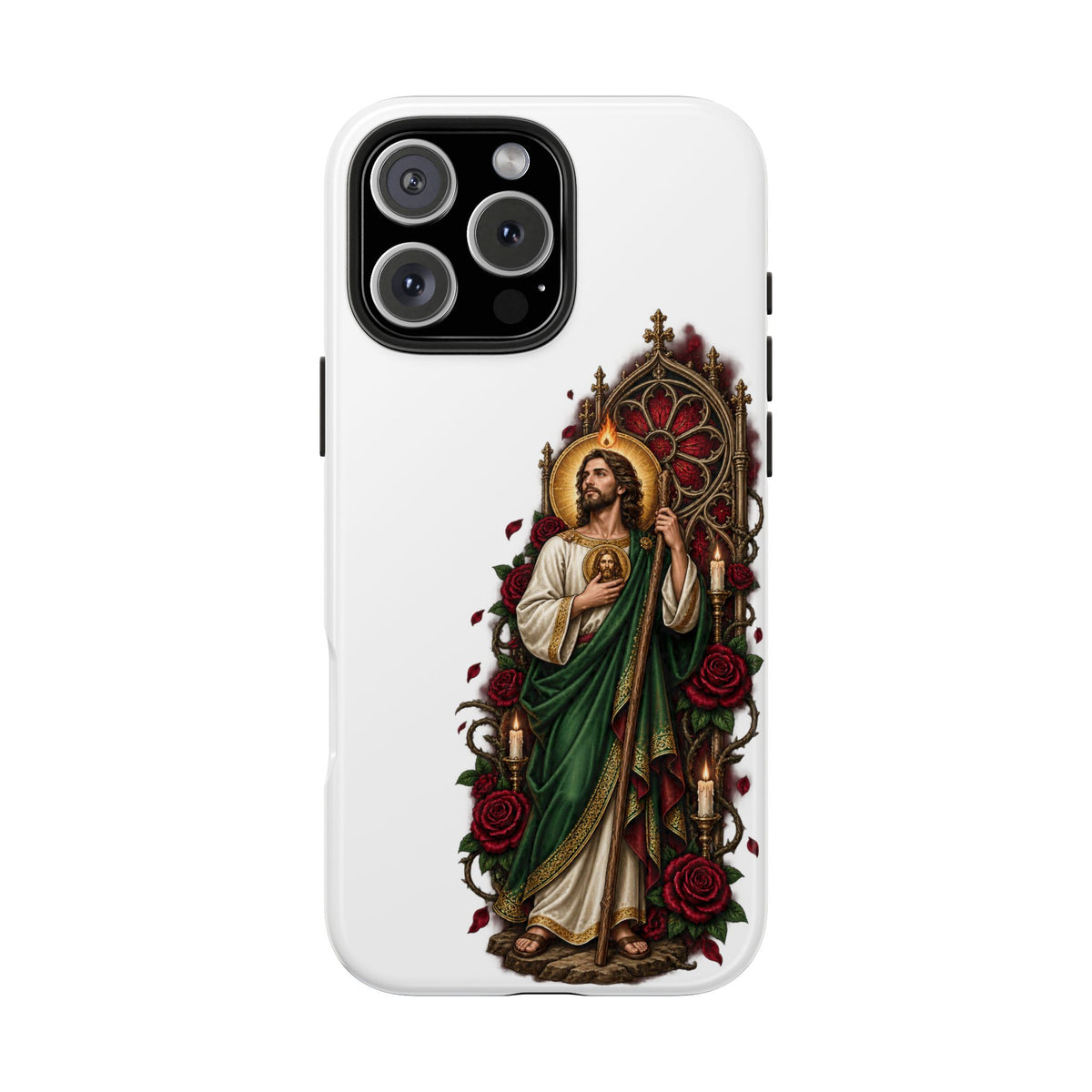 iPhone 16 Pro Max San Judas phone case with crimson rose window artwork