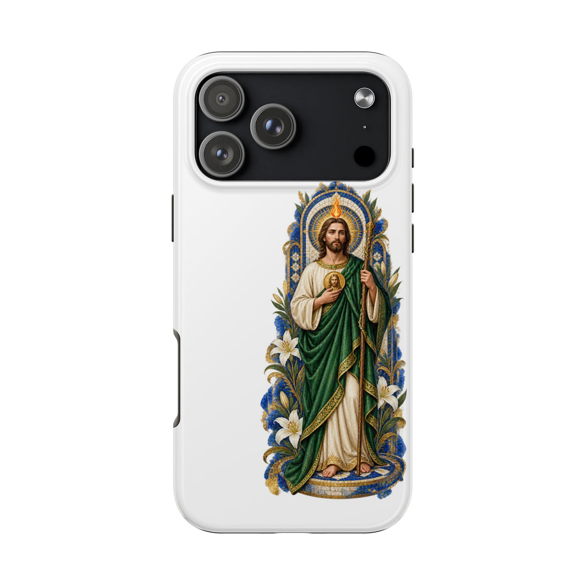 iPhone 17 Pro Max San Judas phone case with cobalt chapel mosaic artwork