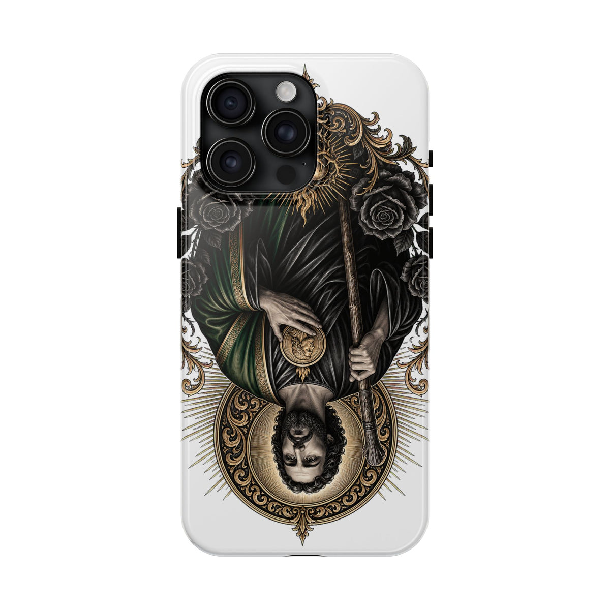 iPhone 15 Pro Max San Judas phone case with black and gold Sacred Heart artwork