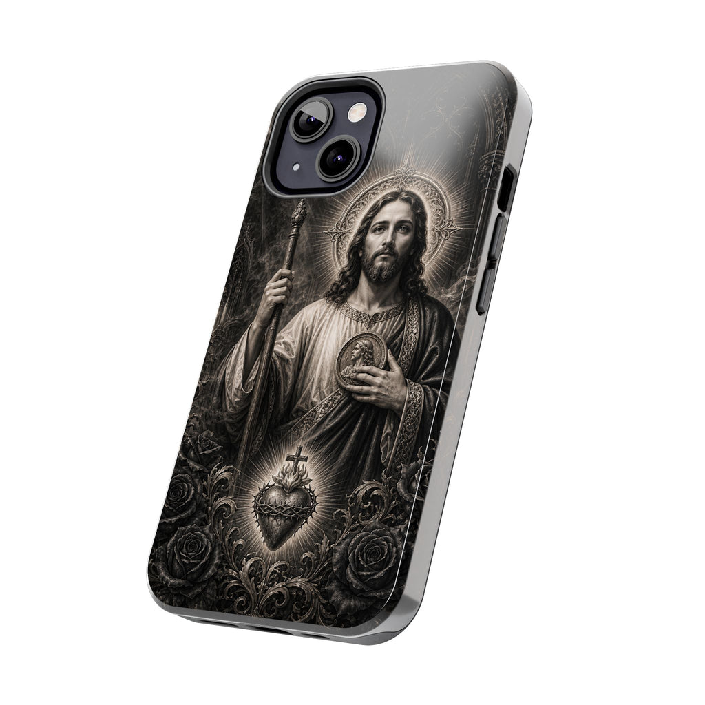 San Judas phone case with black and grey Gothic cathedral artwork, detail view 12